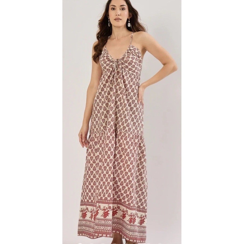 Sim & Sam Natural Rust‎ Border SL Halter V Neck Linen Blend Maxi Dress M NWT